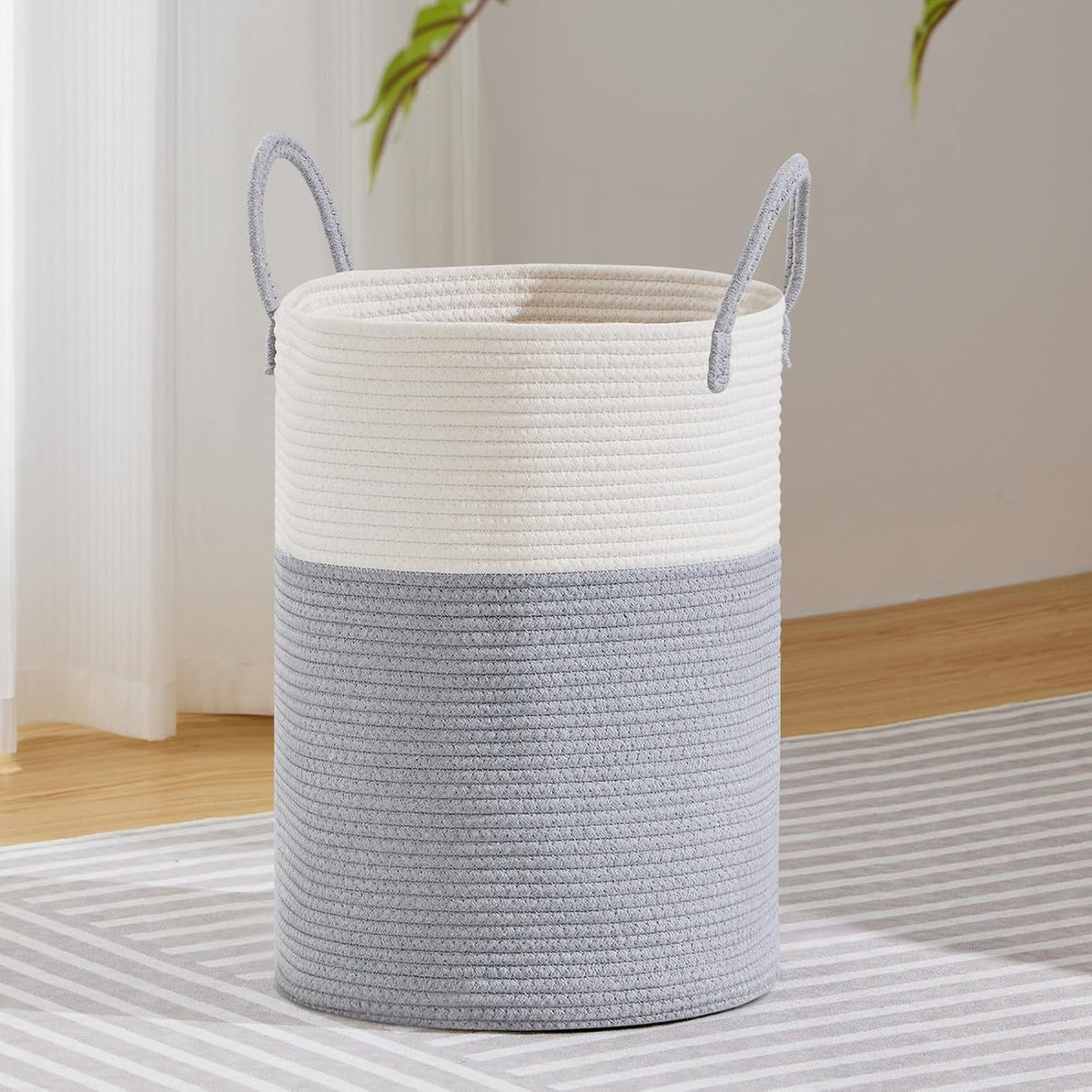 58L Tall Woven Laundry Basket Hamper, White Brown
