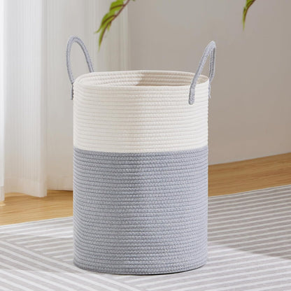 58L Tall Woven Laundry Basket Hamper, White Brown
