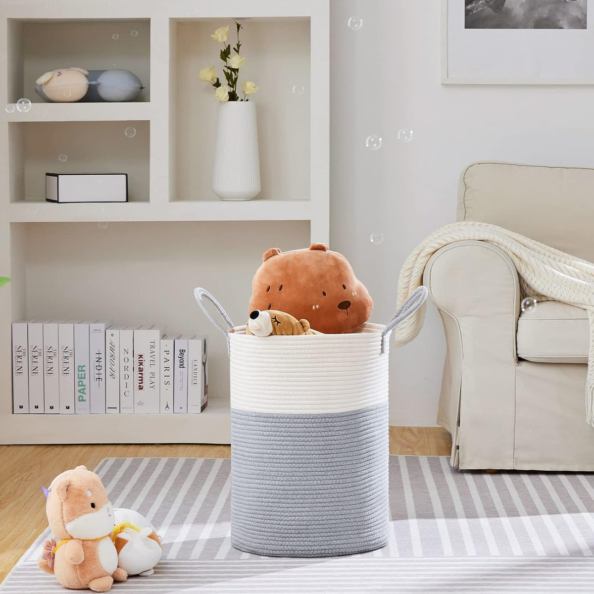 58L Tall Woven Laundry Basket Hamper, White Brown