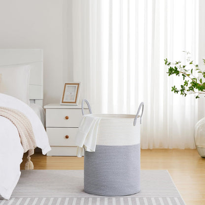 58L Tall Woven Laundry Basket Hamper, White Brown
