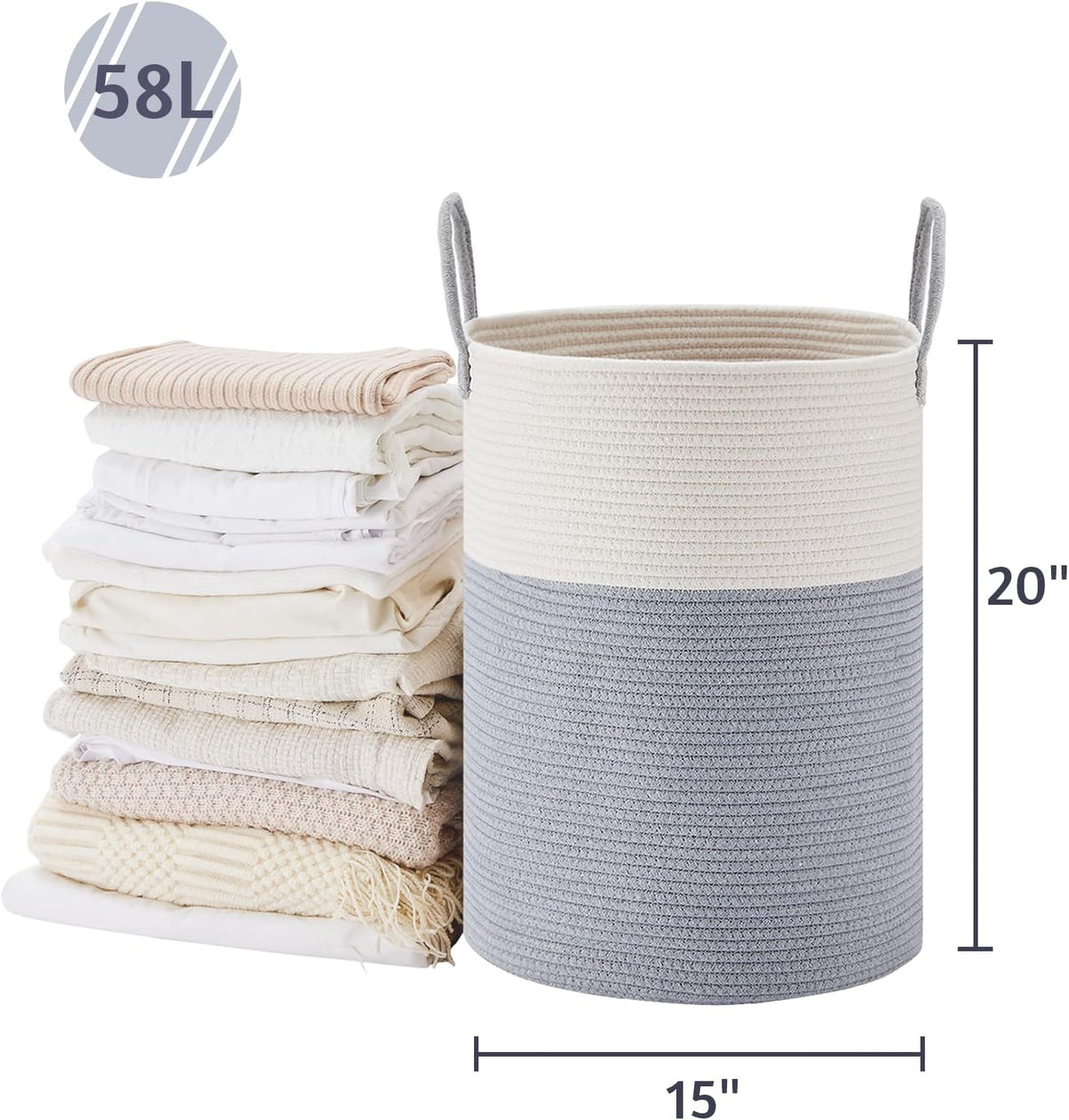58L Tall Woven Laundry Basket Hamper, White Brown