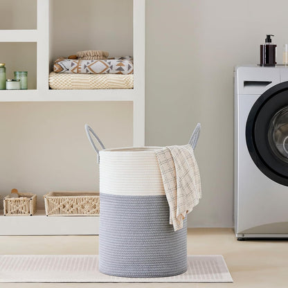 58L Tall Woven Laundry Basket Hamper, White Brown