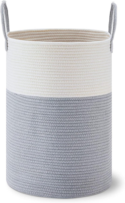 58L Tall Woven Laundry Basket Hamper, White Brown