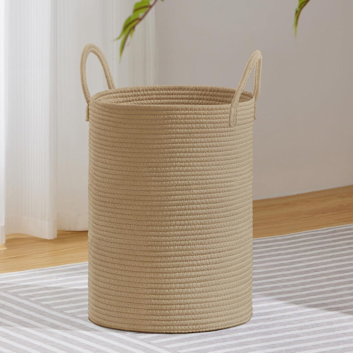 58L Tall Woven Laundry Basket Hamper, White Brown