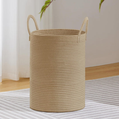 58L Tall Woven Laundry Basket Hamper, White Brown