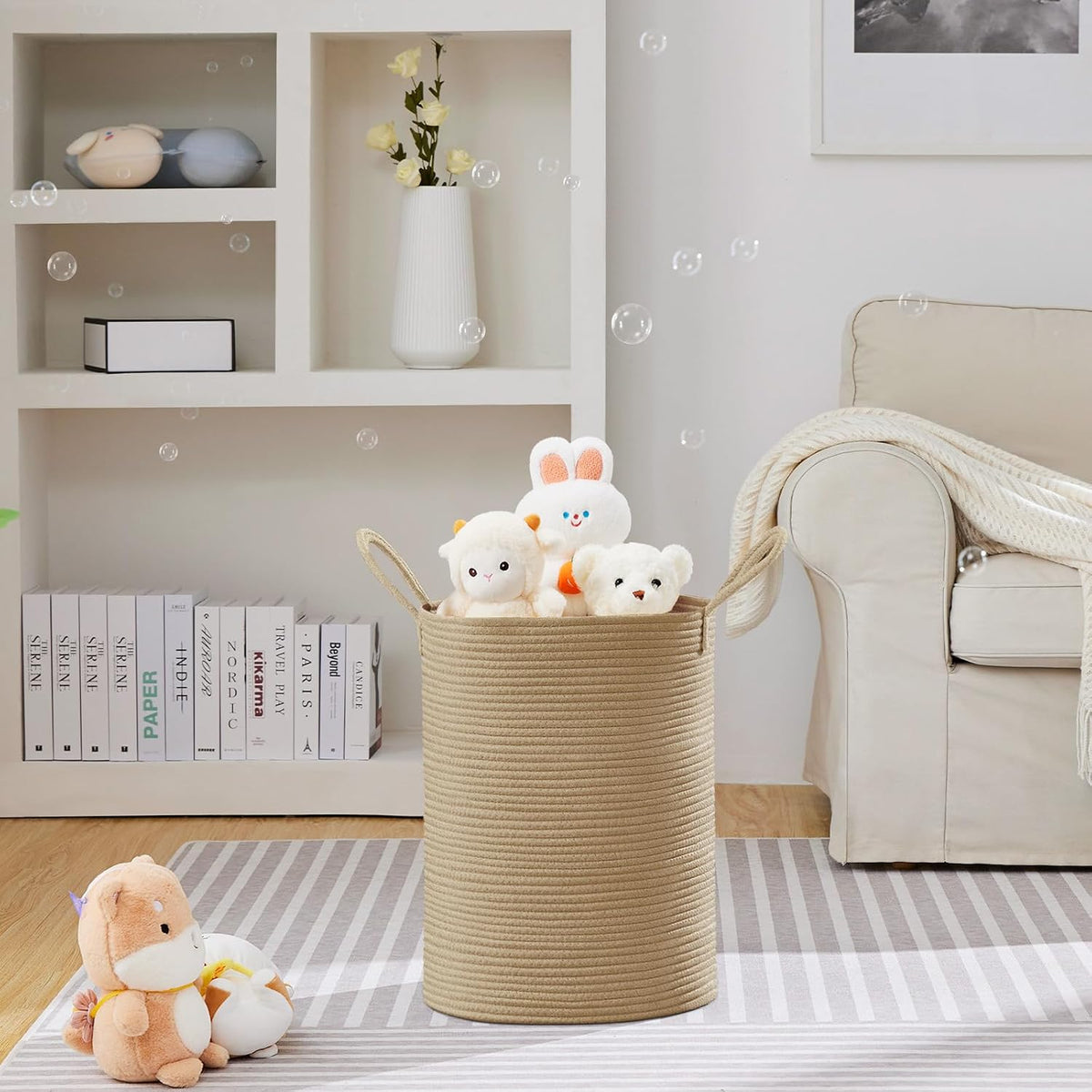 58L Tall Woven Laundry Basket Hamper, White Brown