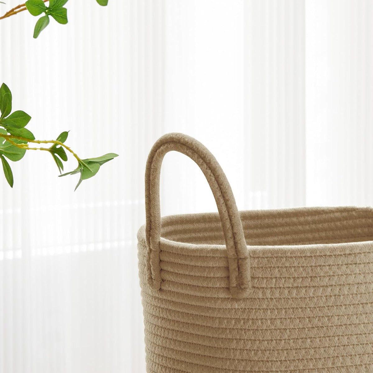 58L Tall Woven Laundry Basket Hamper, White Brown