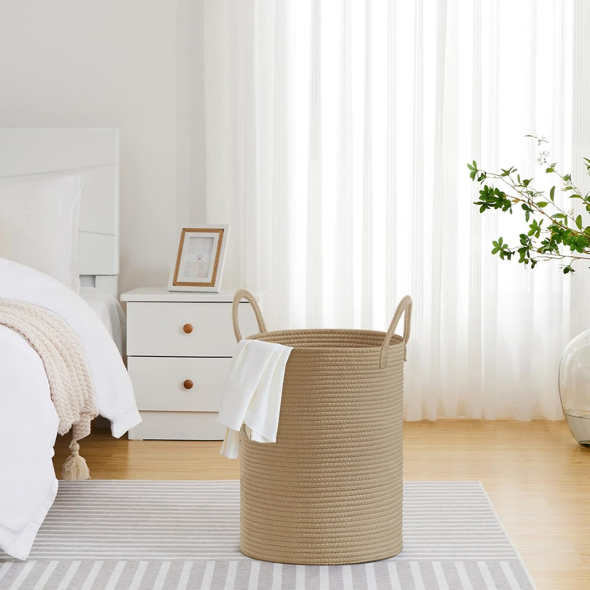 58L Tall Woven Laundry Basket Hamper, White Brown