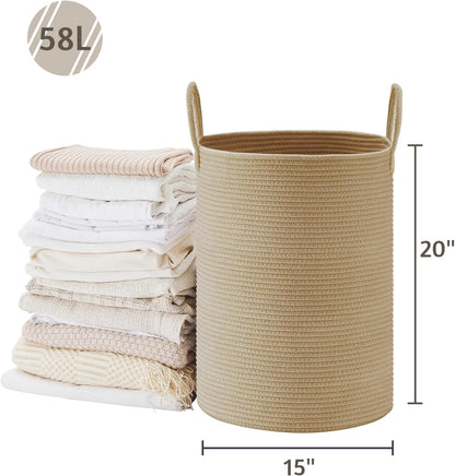 58L Tall Woven Laundry Basket Hamper, White Brown