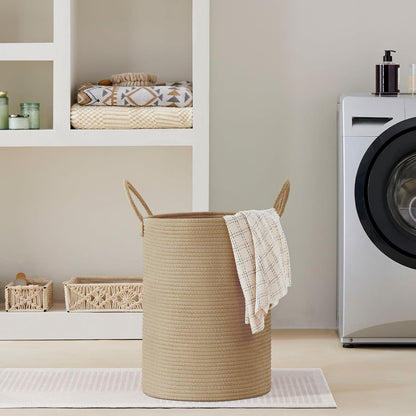 58L Tall Woven Laundry Basket Hamper, White Brown