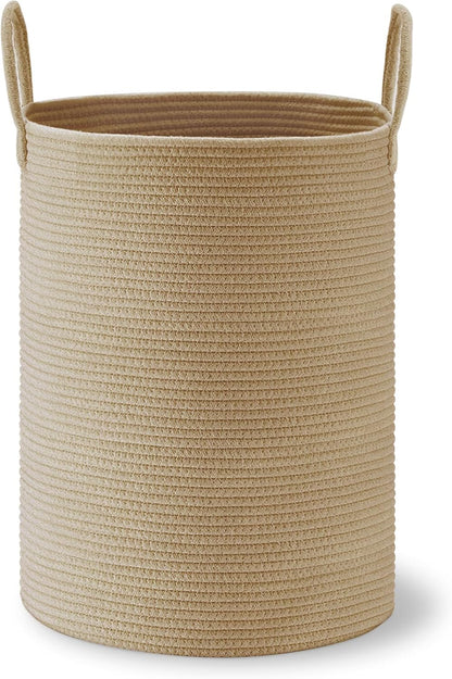 58L Tall Woven Laundry Basket Hamper, White Brown