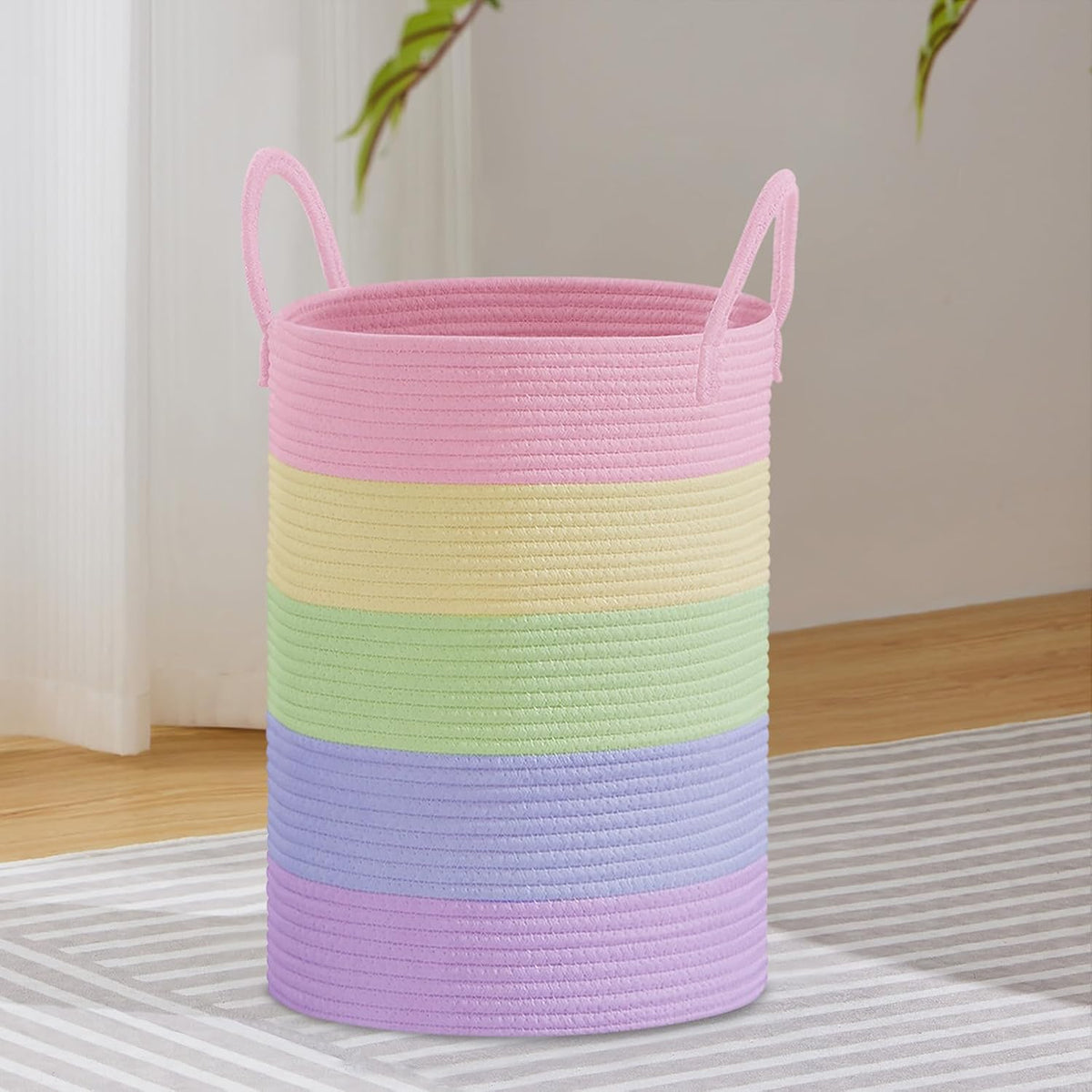 58L Tall Woven Laundry Basket Hamper, White Brown