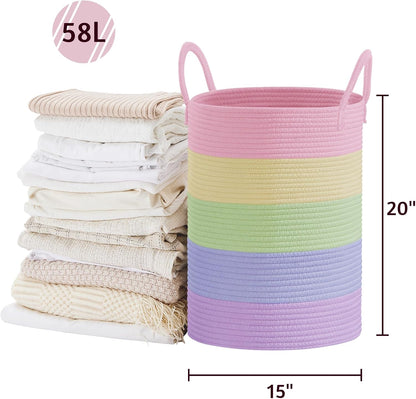 58L Tall Woven Laundry Basket Hamper, White Brown