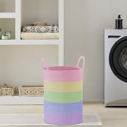 58L Tall Woven Laundry Basket Hamper, White Brown