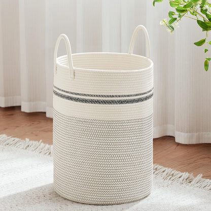 58L Tall Woven Laundry Basket Hamper, White Brown