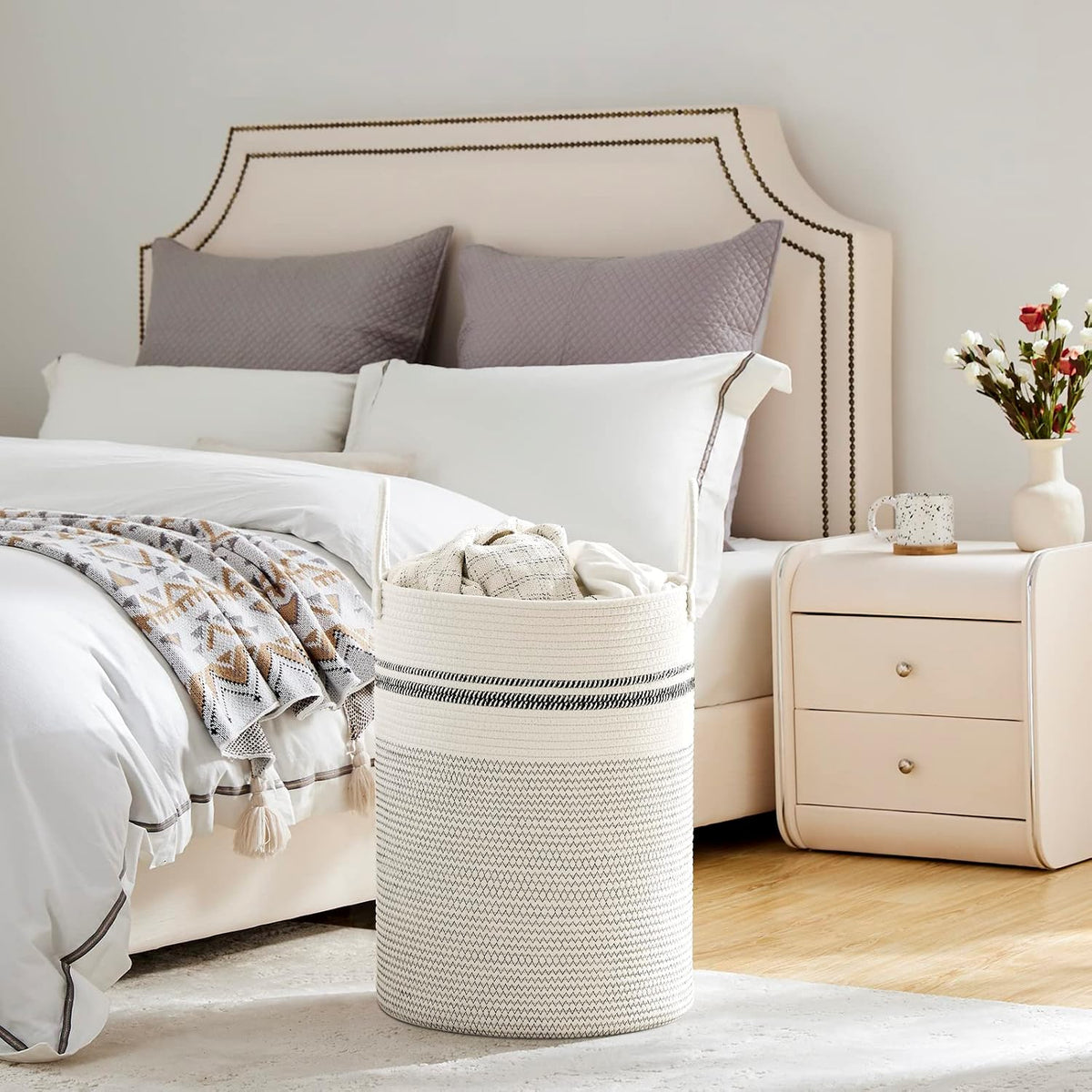 58L Tall Woven Laundry Basket Hamper, White Brown