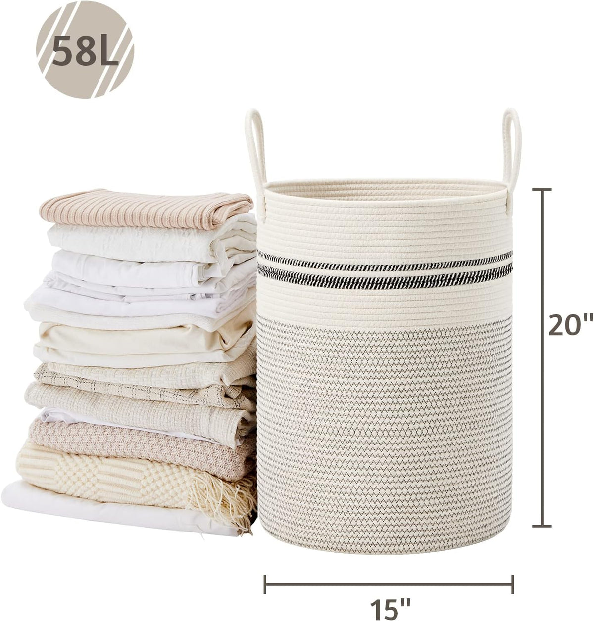 58L Tall Woven Laundry Basket Hamper, White Brown