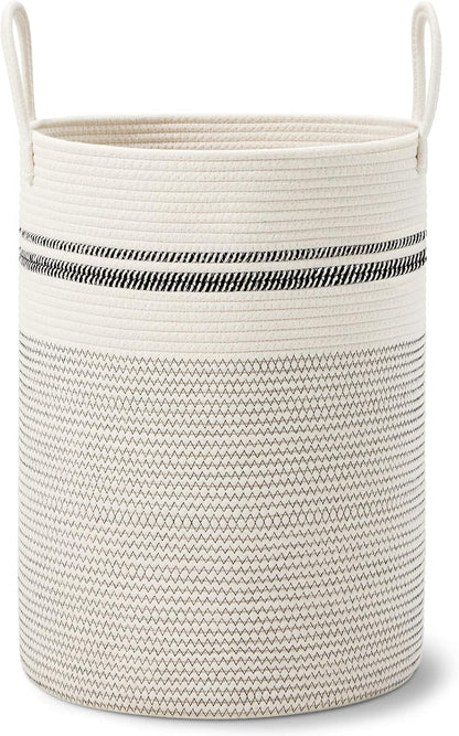 58L Tall Woven Laundry Basket Hamper, White Brown