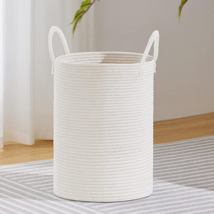 58L Tall Woven Laundry Basket Hamper, White Brown