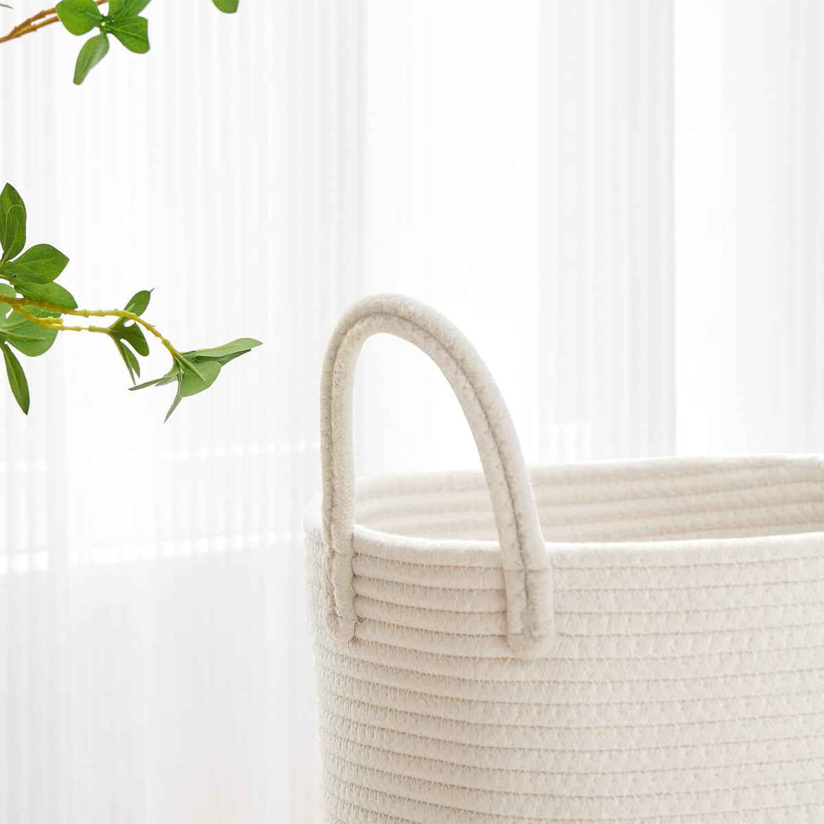 58L Tall Woven Laundry Basket Hamper, White Brown