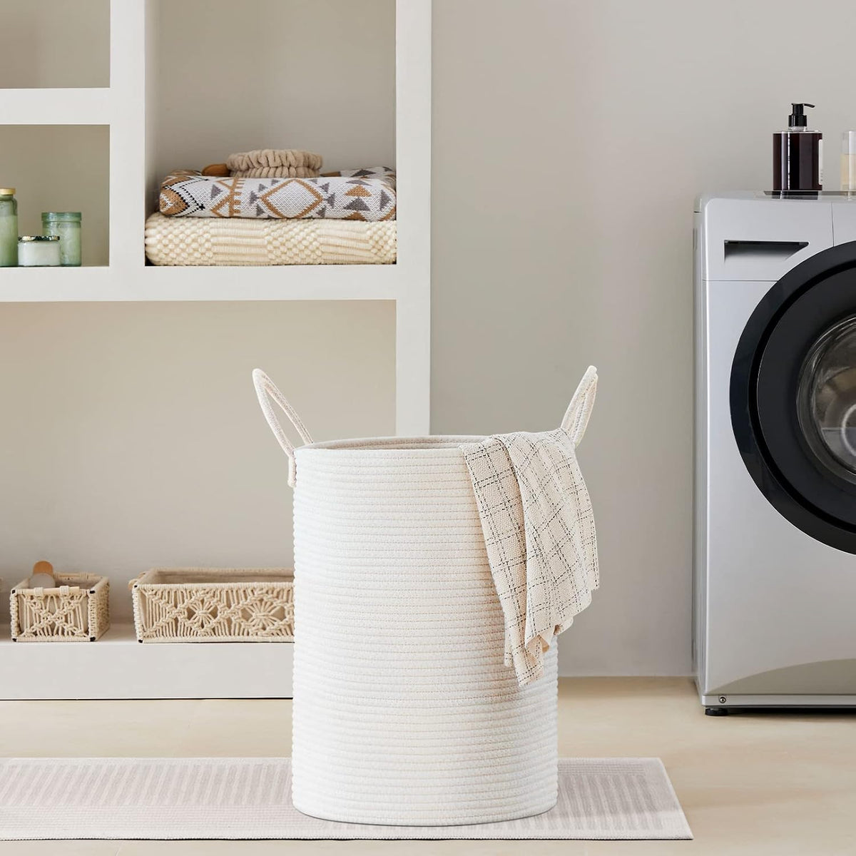 58L Tall Woven Laundry Basket Hamper, White Brown
