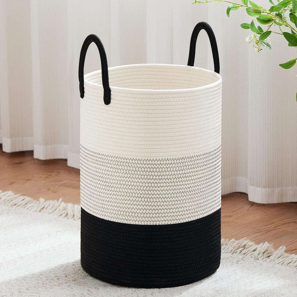 58L Tall Woven Laundry Basket Hamper, White Brown