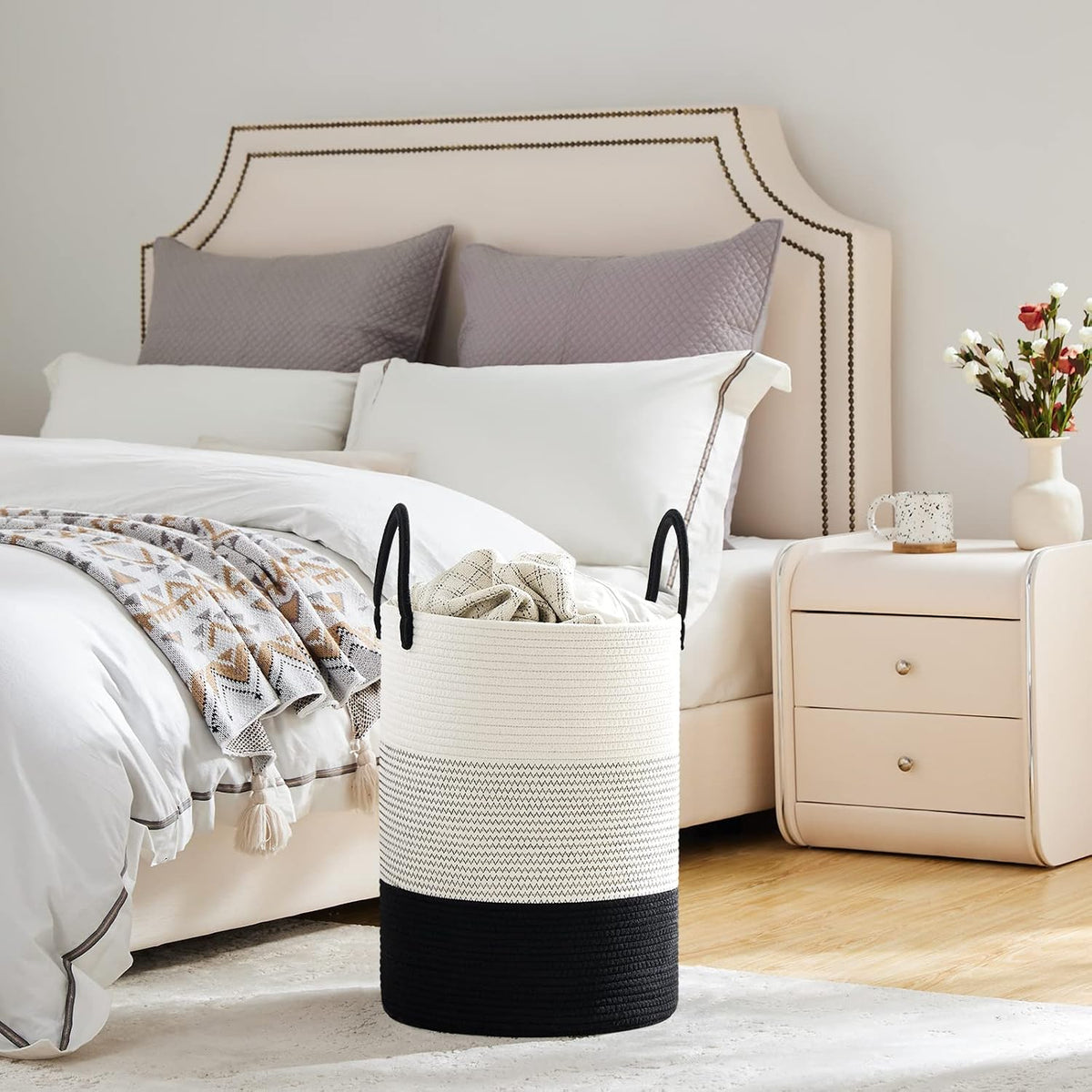 58L Tall Woven Laundry Basket Hamper, White Brown
