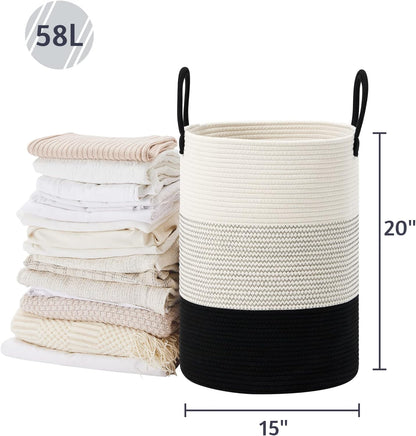 58L Tall Woven Laundry Basket Hamper, White Brown