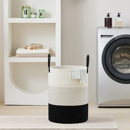 58L Tall Woven Laundry Basket Hamper, White Brown