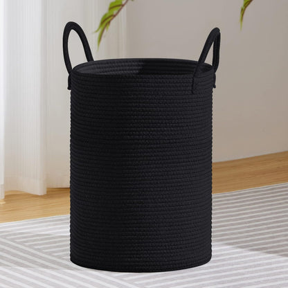 58L Tall Woven Laundry Basket Hamper, White Brown