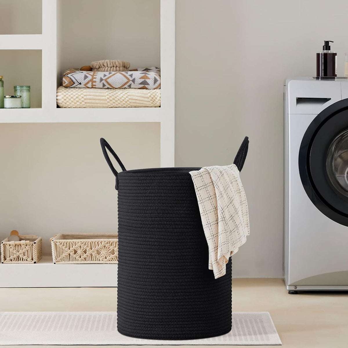 58L Tall Woven Laundry Basket Hamper, White Brown