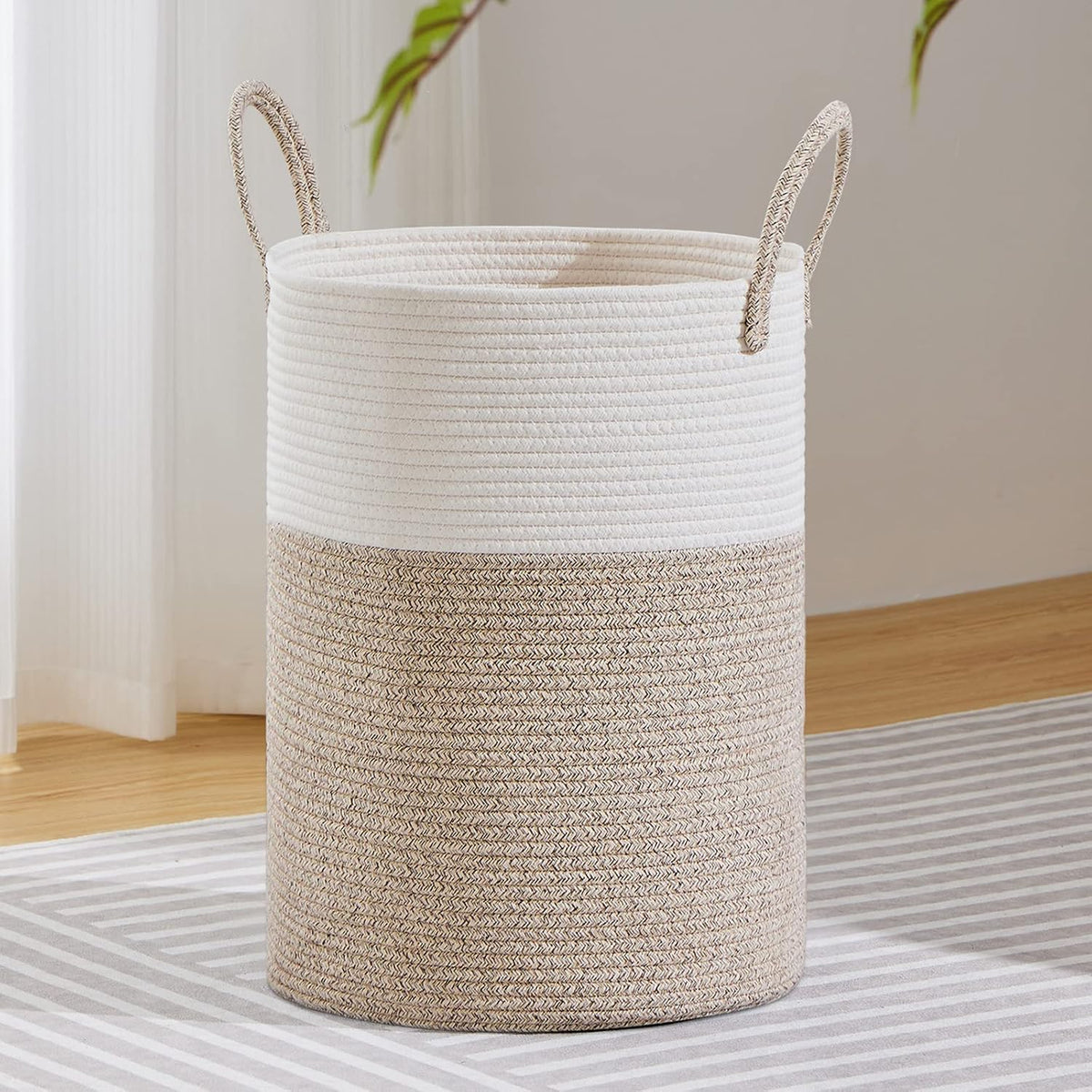 58L Tall Woven Laundry Basket Hamper, White Brown
