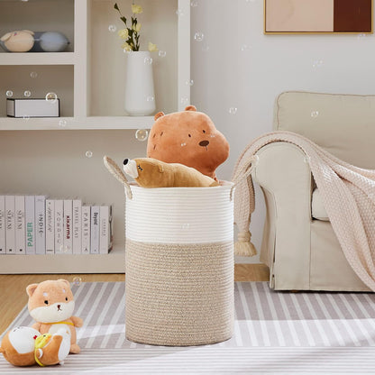 58L Tall Woven Laundry Basket Hamper, White Brown