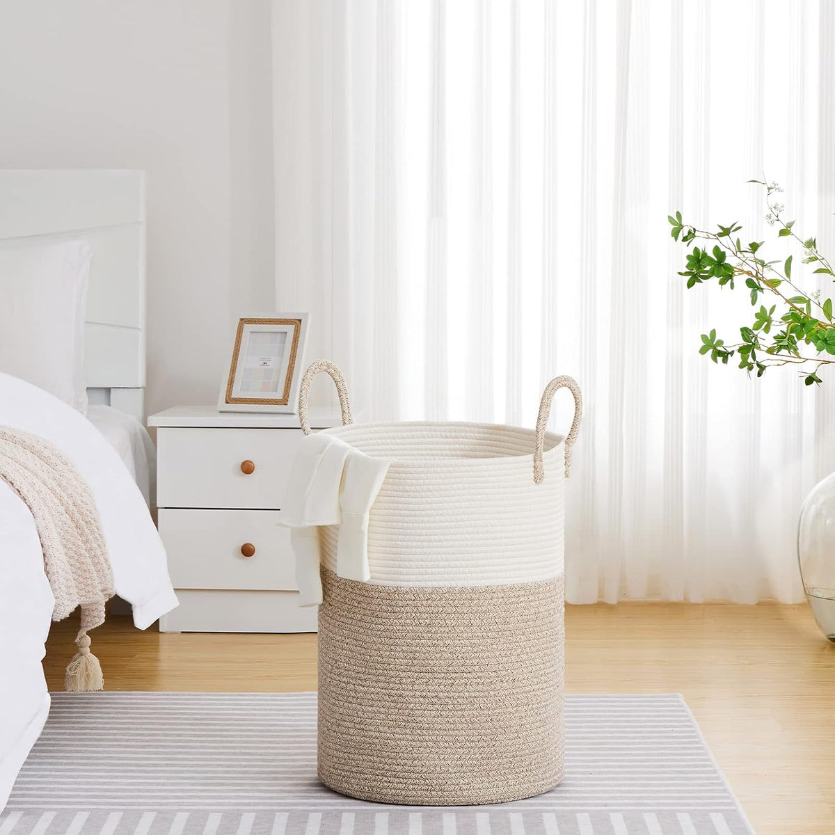 58L Tall Woven Laundry Basket Hamper, White Brown