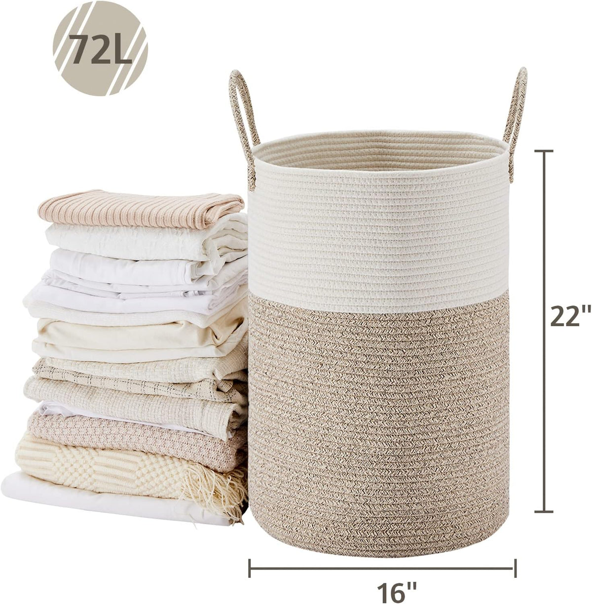 58L Tall Woven Laundry Basket Hamper, White Brown