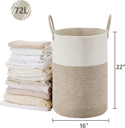 58L Tall Woven Laundry Basket Hamper, White Brown