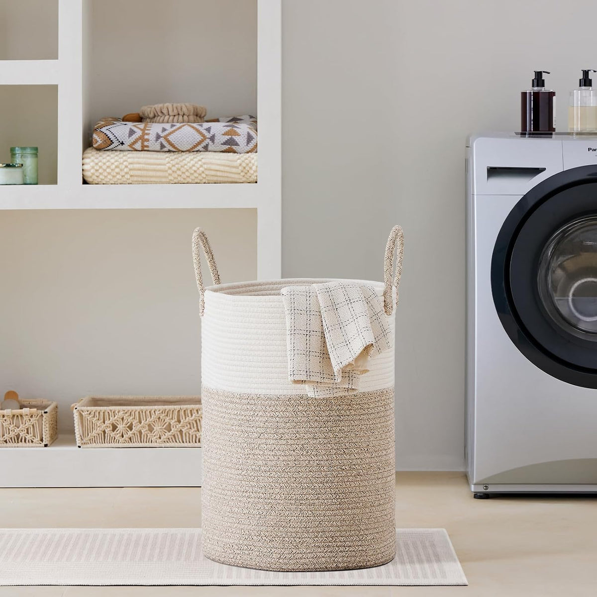 58L Tall Woven Laundry Basket Hamper, White Brown