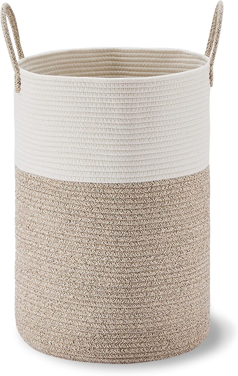 58L Tall Woven Laundry Basket Hamper, White Brown