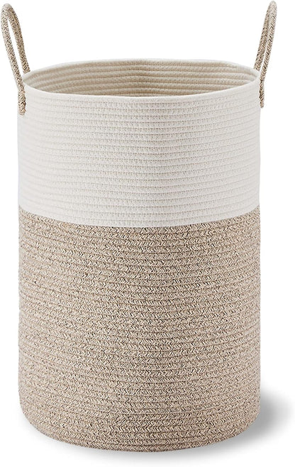 58L Tall Woven Laundry Basket Hamper, White Brown