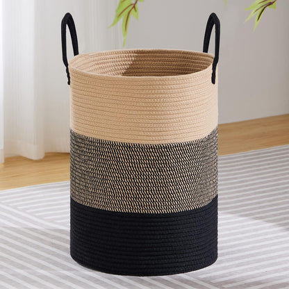58L Tall Woven Laundry Basket Hamper, White Brown