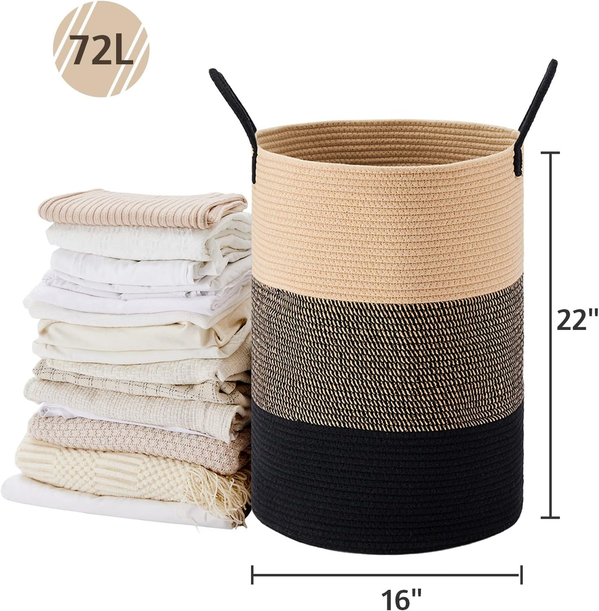 58L Tall Woven Laundry Basket Hamper, White Brown