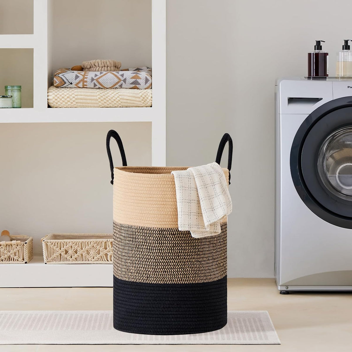58L Tall Woven Laundry Basket Hamper, White Brown