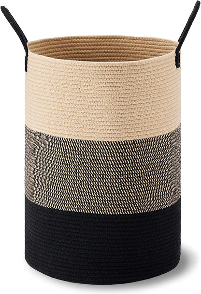 58L Tall Woven Laundry Basket Hamper, White Brown