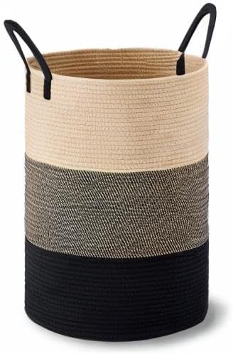 58L Tall Woven Laundry Basket Hamper, White Brown