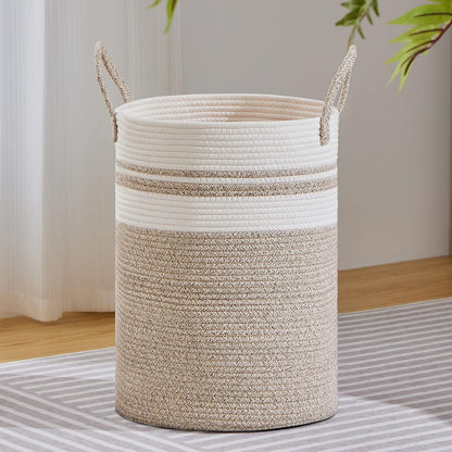 58L Tall Woven Laundry Basket Hamper, White Brown