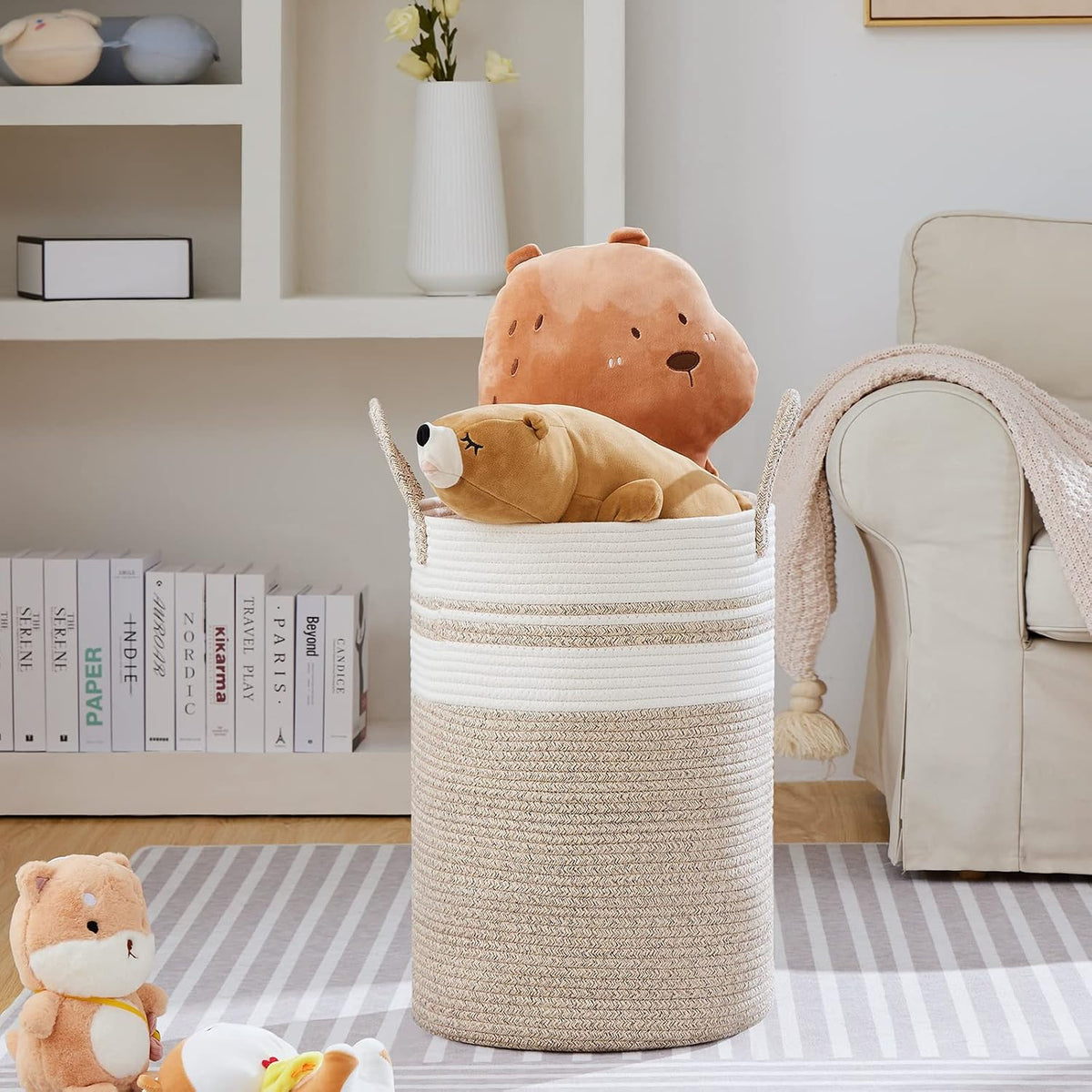 58L Tall Woven Laundry Basket Hamper, White Brown