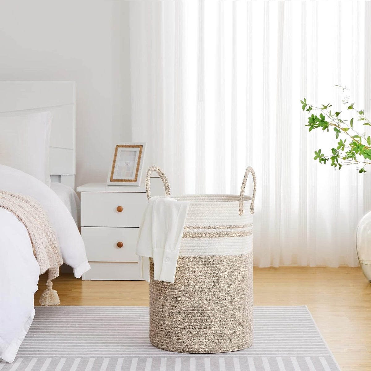 58L Tall Woven Laundry Basket Hamper, White Brown