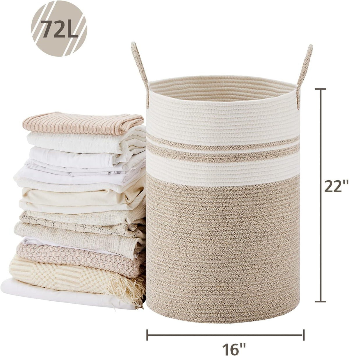 58L Tall Woven Laundry Basket Hamper, White Brown