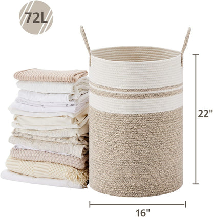 58L Tall Woven Laundry Basket Hamper, White Brown