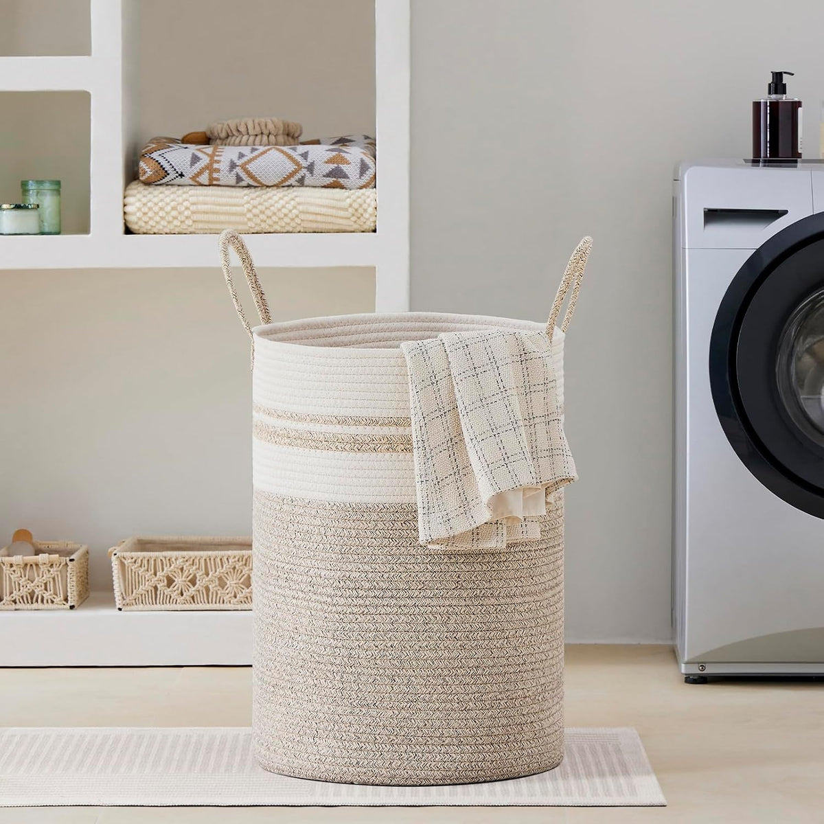 58L Tall Woven Laundry Basket Hamper, White Brown